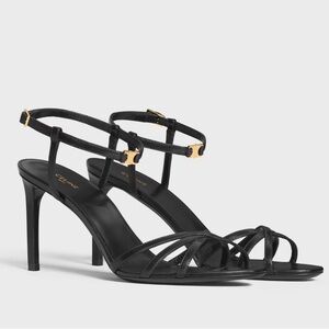 Celine Black Leather Ankle Strap Heels with Gold Triomphe Detail
